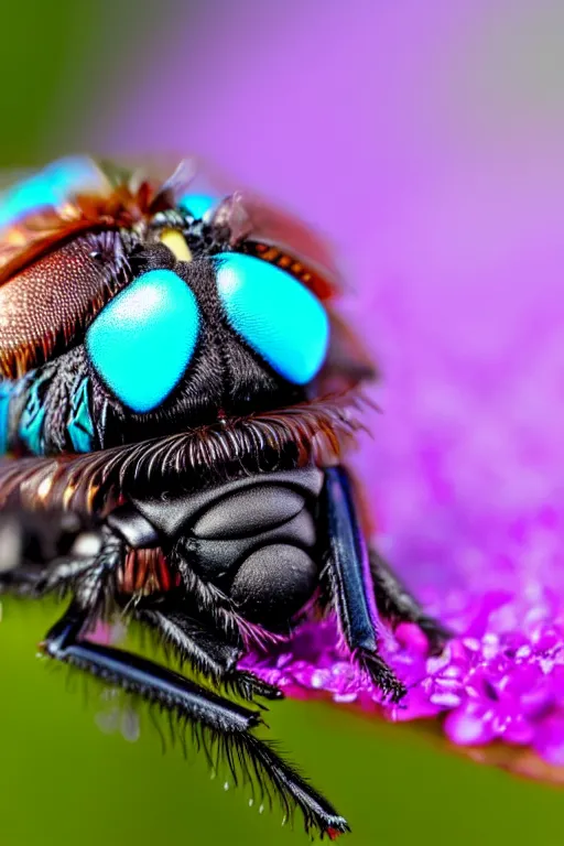 Prompt: high quality macro close-up metallic tachinid fly! gorgeous highly detailed hannah yata elson peter cinematic turquoise lighting high quality low angle hd 8k sharp shallow depth of field