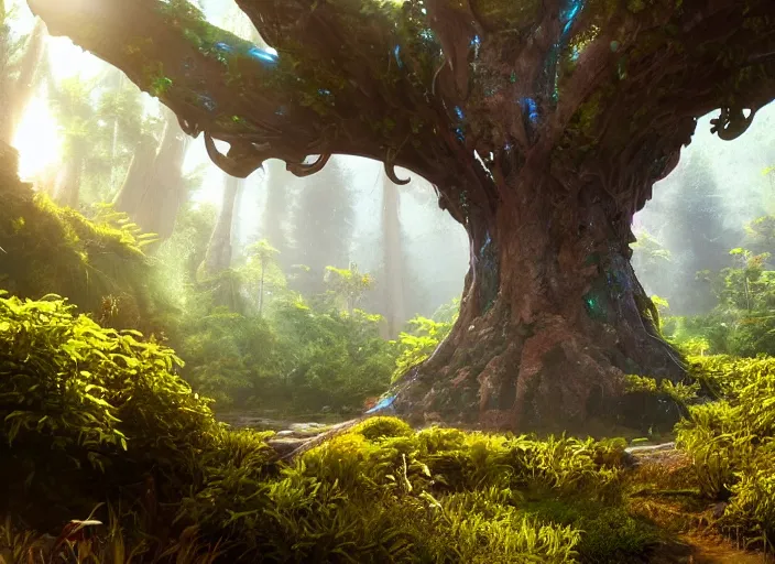 Image similar to portal tree on a luminescent crystal biome that looks like a movie shot by pixar, ultra detailed, fantasy, hyper realism, art, smooth, beautiful art, masterpiece, landscape, cinematic, wet reflections, ray tracing x, rtx, smooth