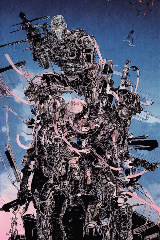 Image similar to cyborg bounty hunters at dusk, a color cover illustration by tsutomu nihei, tetsuo hara and katsuhiro otomo