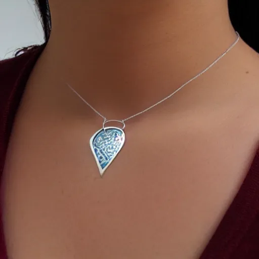 Image similar to amulet of wave inlaid in silver, on a young beautiful woman neck, realistic, clean,