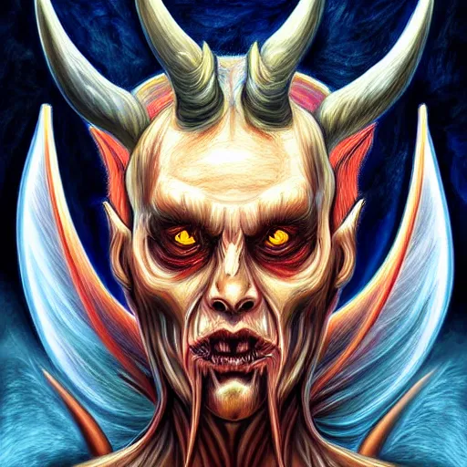 Prompt: a stunning digital painting of Satan with a disturbing look. Highly detailed masterpiece