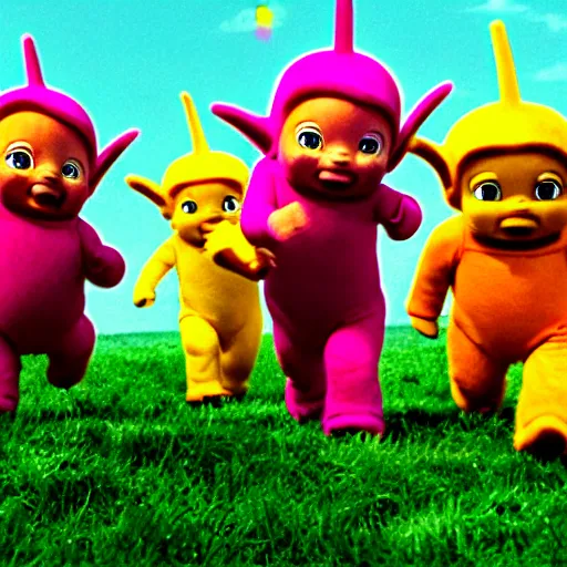 Image similar to movie still of Teletubbies as a horror movie