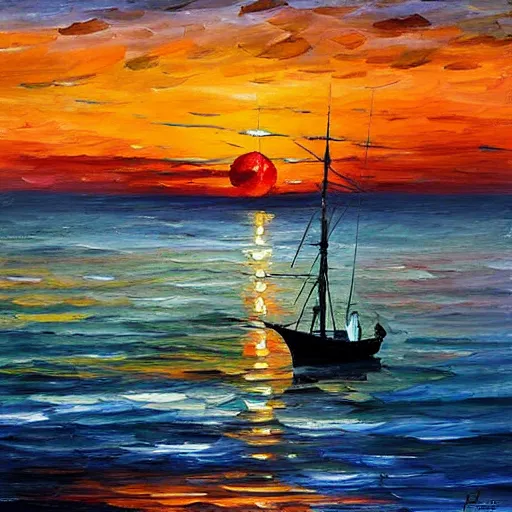 Image similar to rising sun ( ( ( fishing cormorant, fishing boat ) ) ) on the naples bay, by leonid afremov and moebius