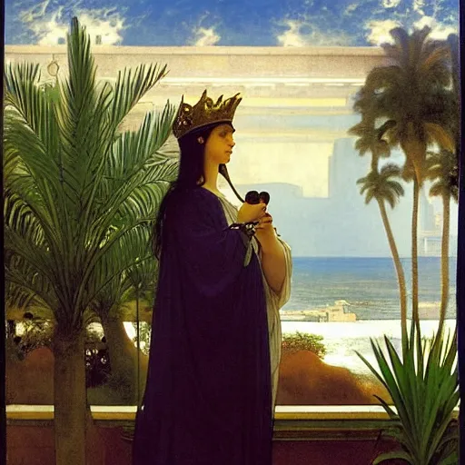 Image similar to Girl with a blood chalice at the palace, thunderstorm, pool, beach and palm trees on the background major arcana sky, by paul delaroche, alphonse mucha and arnold böcklin arnold böcklin hyperrealistic 8k, very detailed