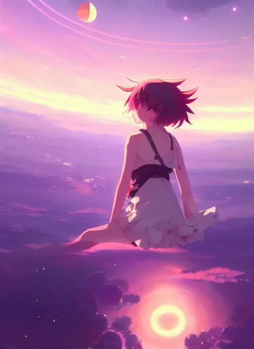 Image similar to anime girl floating against the backdrop of dawn, saturn in the background, illustration, concept art, anime, key visual, trending pixiv fanbox by wlop and greg rutkowski and makoto shinkai and studio ghibli