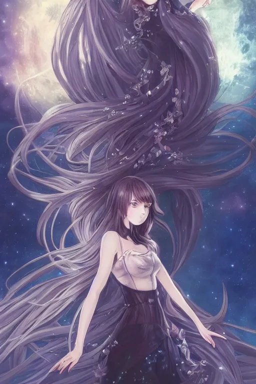 Prompt: Adult anime style girl on the moon waving, fantasy, intricate, elegant, highly detailed, digital painting, 4k, HDR, concept art, smooth, sharp focus, illustration, art by artgerm and H R Giger and alphonse much