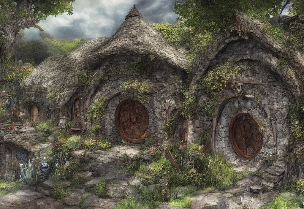 Image similar to the hobbit home, digital art, high detail