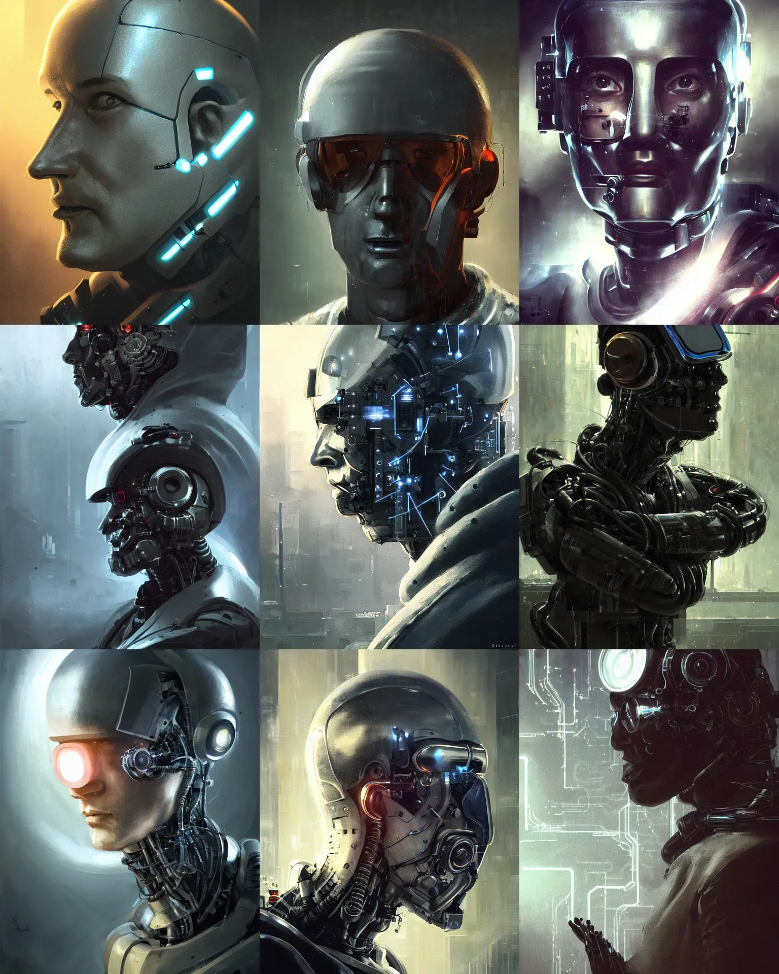 Prompt: a half - masked smart laboratory engineer man with cybernetic enhancements as seen from a distance, scifi character portrait by greg rutkowski, esuthio, craig mullins, 1 / 4 headshot, cinematic lighting, dystopian scifi gear, gloomy, profile picture, mechanical, cyborg, half robot, implants, dieselpunk