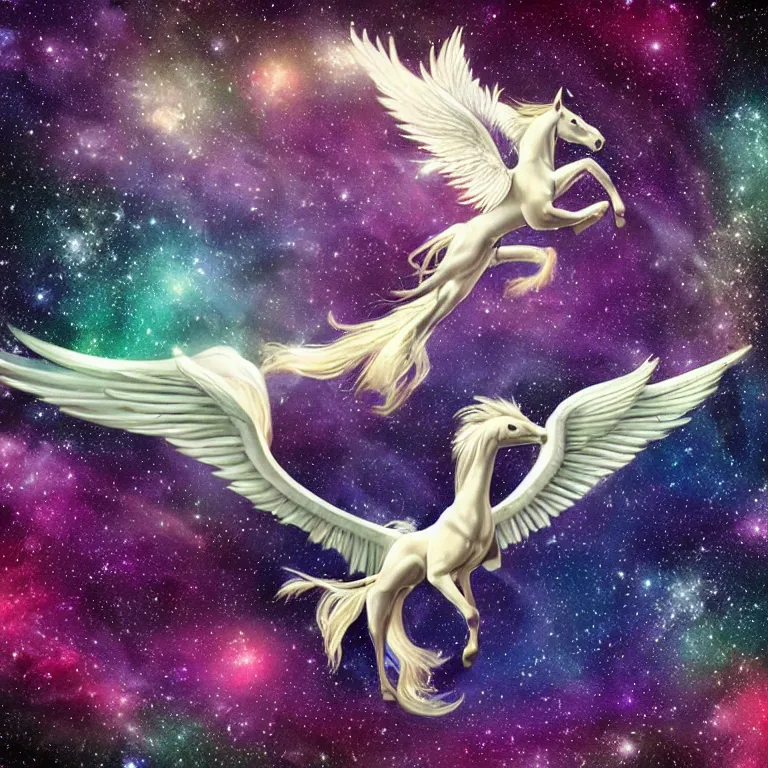 Prompt: beautiful mythical Pegasus flying through the cosmos