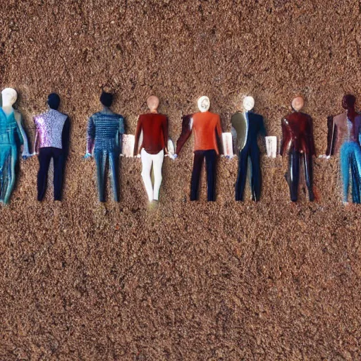 Prompt: up close full body image of 5 friends on dusty Mars soil in the future walking together all wearing stylish high fashion futuristic clothing picture taken with 5 mm camera nokia, intricate, ultra HD, super detailed, realistic, award-winning picture