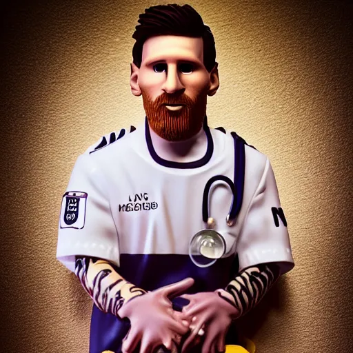 Image similar to lionel messi as nurse, accurate, 30mm, face, soft colours, dramatic lighting, nikon