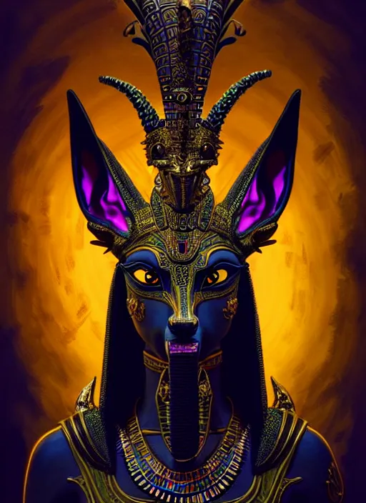 Image similar to angry god anubis, growling jackal with egyptian headdress and nemes, ornate art nouveau detail, black and neon palette, symmetry, fantasy, intricate, elegant, highly detailed, colorful, dark colors, dramatic shadow, digital painting, artstation, concept art, art by artgerm and greg rutkowski and ruan jia,