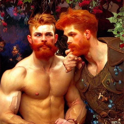 Image similar to attractive muscular ginger hair mike and muscular attractive brunet hair ty, drinking their hearts out, boys night out. highly detailed painting by gaston bussiere, craig mullins, j. c. leyendecker, alphonse mucha 8 k