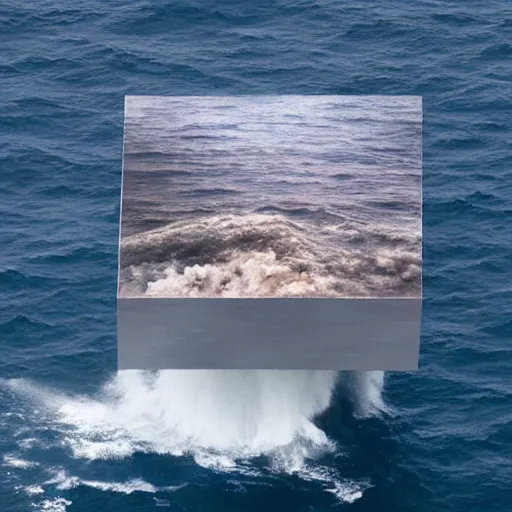 Prompt: a cube in the middle of the sea with images of a tumultuous sea squall on its sides. in the style of Richard Serra