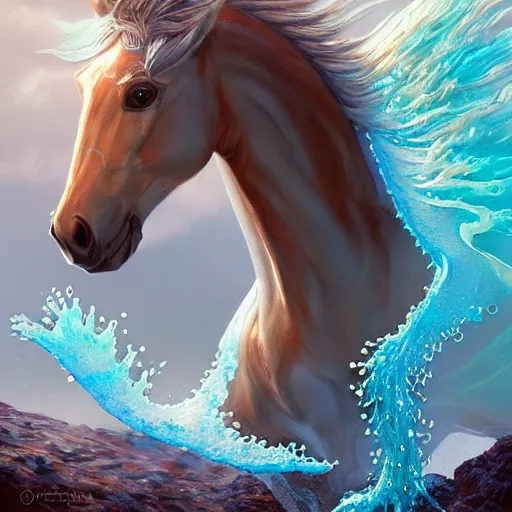 Image similar to a fantastical transparent small turquoise spirit horse made of water and foam and algae, splashing water, wave, translucent, ethereal, noble, radiant, hyperalism, scottish folklore, digital painting, artstation, concept art, smooth, 8 k frostbite 3 engine, ultra detailed, art by artgerm and greg rutkowski and magali villeneuve