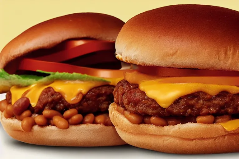 Prompt: mcdonalds baked beans burger, commercial photograph