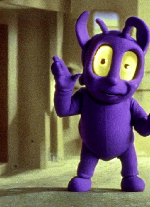 Prompt: a movie still of tinky winky from teletubbies as rick deckard in blade runner
