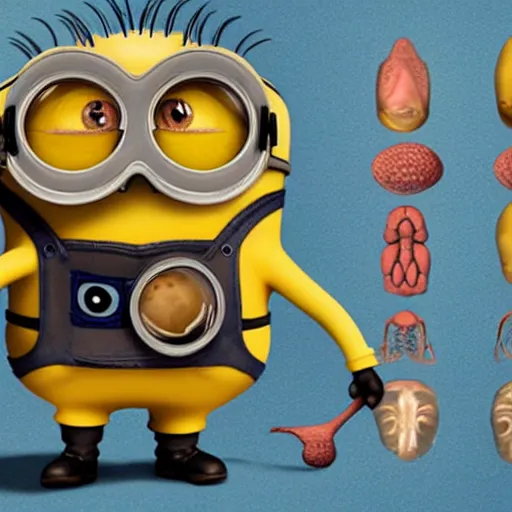 Image similar to A detailed biological anatomy of a minion, photorealistic, textbook, scientific