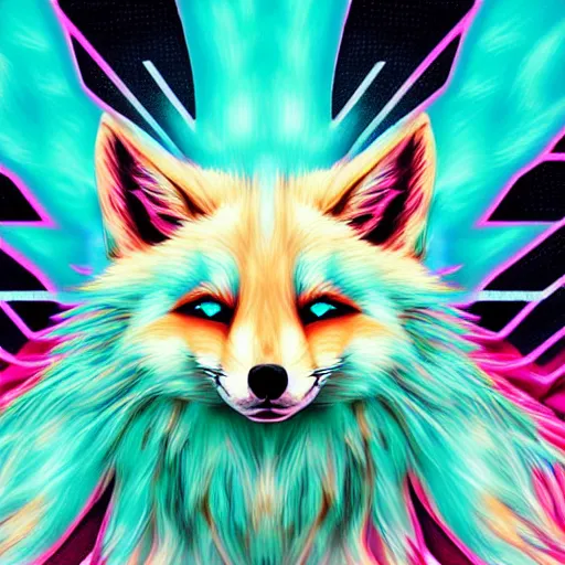 Prompt: digital turquoise and white fox, retrowave palette, digital world, highly detailed, electric breeze, anatomically correct vulpine, synth feel, fluffy face, ear floof, flowing fur, super realism, accurate animal imagery, 4 k digital art