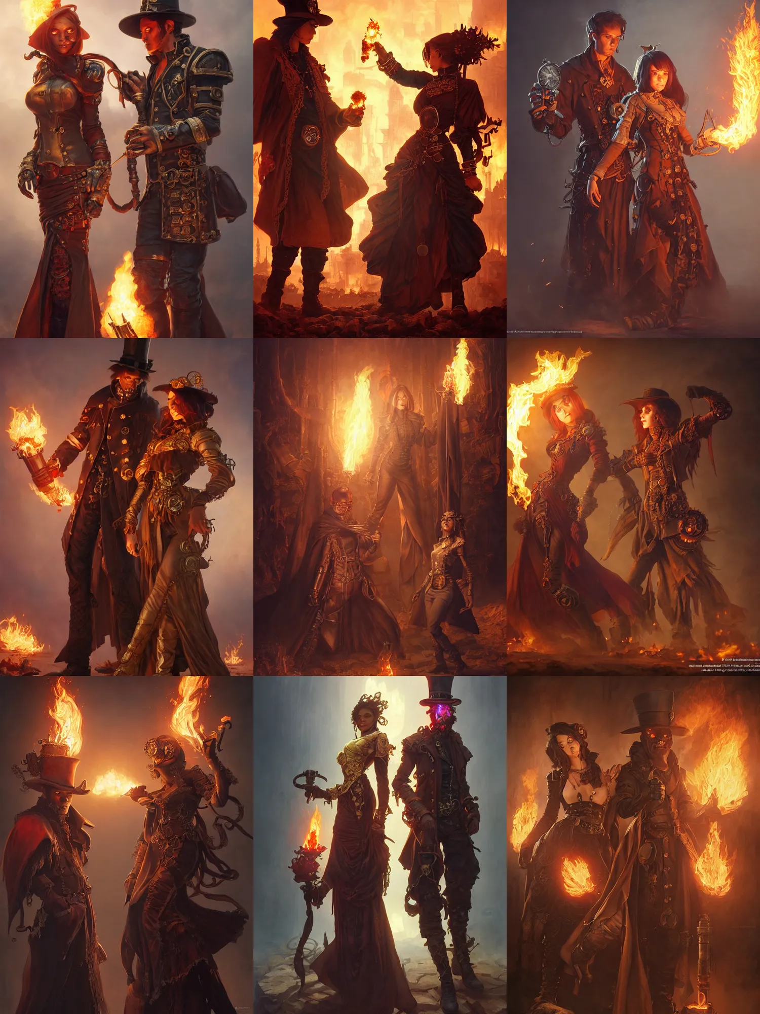 Prompt: a pyromancer and a necromancer standing together, steampunk, detailed face, sharp focus, highly detailed, cinematic lighting, studio quality, colorful, smooth render, unreal engine 5 rendered, octane, rendered, by artgerm, greg rutkowski, alphonse mucha