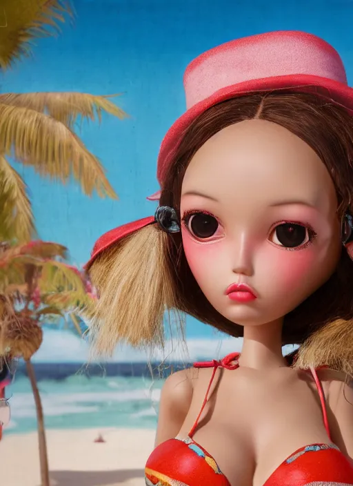 Image similar to closeup profile portrait of tin toy bikini girl beach, depth of field, zeiss lens, detailed, symmetrical, centered, fashion photoshoot, by nicoletta ceccoli, mark ryden, lostfish, breathtaking, 8 k resolution, extremely detailed, beautiful, establishing shot, artistic, hyperrealistic, octane render