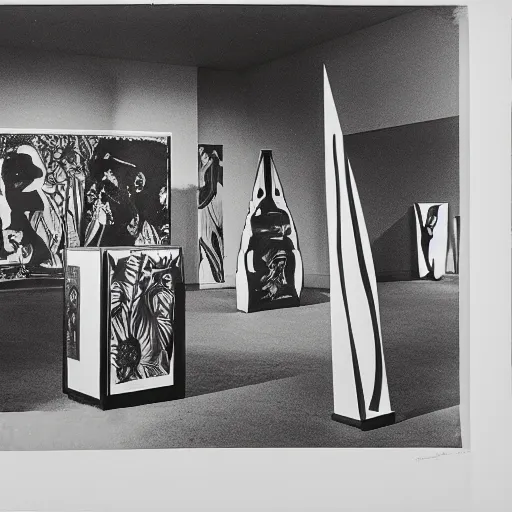 Prompt: A black and white offset lithography of an exhibition space with works of Sun Ra, Marcel Duchamp and tropical plants, 60s, Modern Art