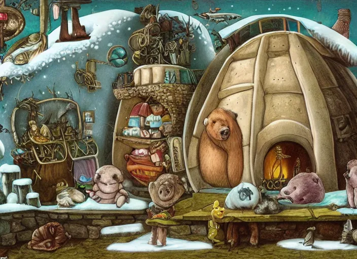 Image similar to an igloo with a chimney, walrus, polar bear, sleigh dogs, fish, giraffe, lowbrow in the style of mark ryden and ernst haeckel,