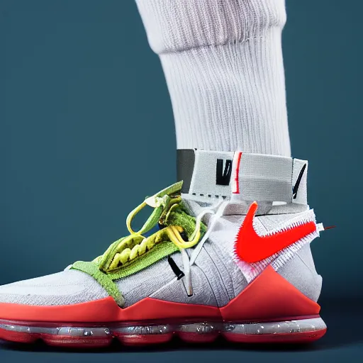 Image similar to a studio photoshoot of Nike Off-white Lebron sneakers designed by Virgil Abloh, knitted mesh material, gum rubber outsole, realistic, color film photography by Tlyer Mitchell, 35 mm, Graflex