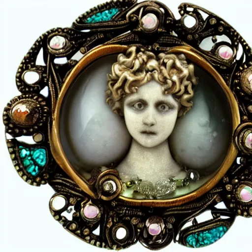 Image similar to artnouveau necklace of a woman's face with open eyes and messy hair in a bundle surrounded by gemstones highly detailed art by rene lalique