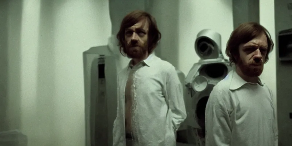 Image similar to screenshot portrait of Mark Hammil standing alone in the a sci fi minimal dirty Temple, 1970s thriller by Stanely Kubrick film, color kodak, Ektachrome, anamorphic lenses, detailed faces, hyper-realistic, photoreal, detailed portrait, moody cinematography, strange lighting