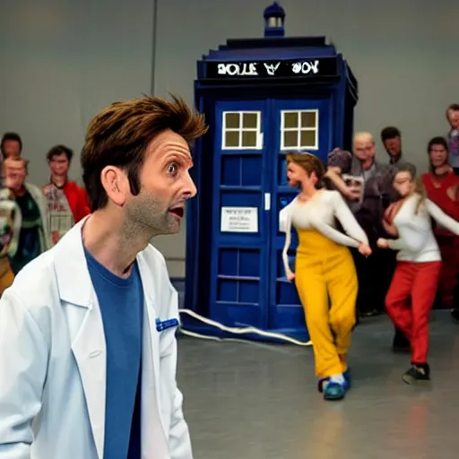 Image similar to closeup promotional image of an David Tennant as Doctor Who at a polka dance-off contest at the YMCA basketball gym, around the gym everyone is cheering, in the background the Tardis door is wide open to the interior, frenetic, quirky, movie still, promotional image, imax, digital art, hyper detailed, sharp focus, f8