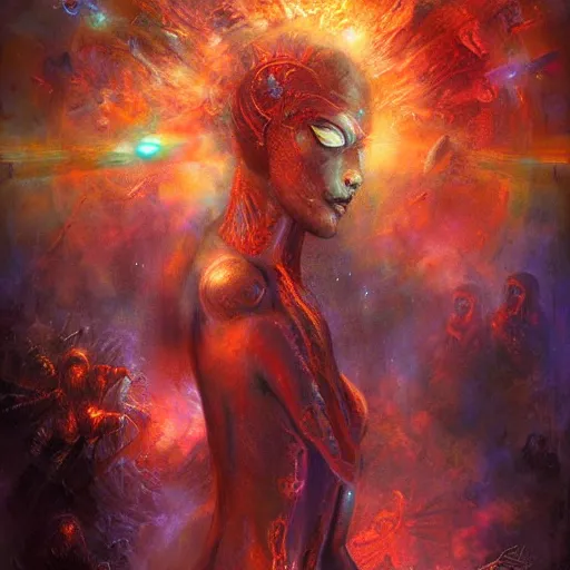 Prompt: dmt trip interdimensional beings reveal the truth by raymond swanland, highly detailed, bright tones