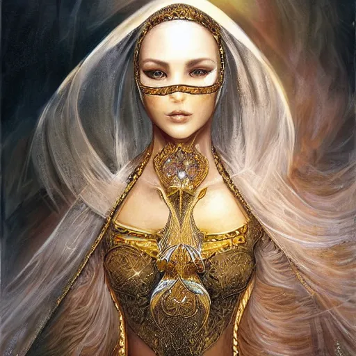 Image similar to a beautiful woman wearing a white niqab made of silk with golden jewelry and diamonds by alex gray and android jones, karol bak, ayami kojima, arabian, concept art, fantasy