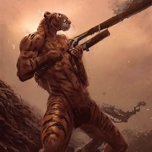 Prompt: a award winning commission of a half human half tiger mutant anthro soldier shooting,digitalt art,hyperdetailed,photorealistic,art by greg rutkowski,character design by charles bowater,ross tran,deviantart,artstation,high detailed,cinematic,movie scene,detailed face