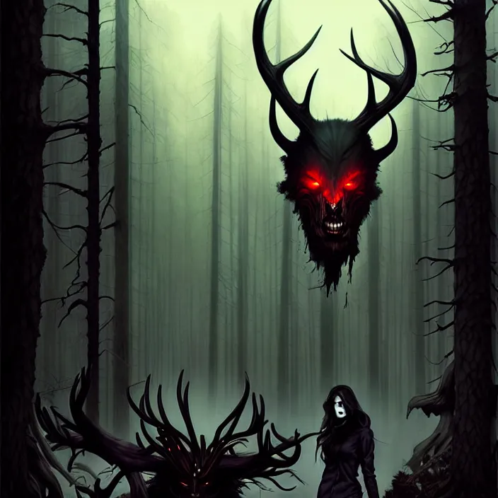 Prompt: style artgerm, joshua middleton, steve niles, gerald brom, scary wendigo with antlers and skull face mixed with werewolf, in the forest, detailed, dark and foggy, cinematic lighting