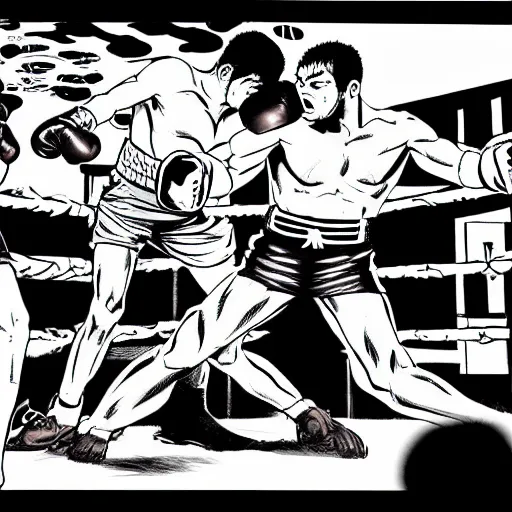 Prompt: a violent boxing match, a boxer punches a boxer in the face, anime, manga panel, masterpiece, by joji morikawa, 4 k wallpaper, ink and screentone, bloody