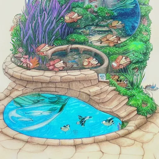 Prompt: beatiful aquarium with goldfish drawn in ghibli style, anime ghibli studio drawing