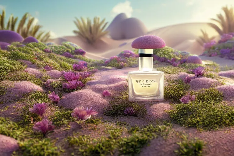 Image similar to perfume bottle buried flowers at a blurred background zen oasis hotspring by peter tarka in the middle of a desert with little flowers, soft lilac skies, silky smooth, dramatic, mid day, sand dune background, large scale, wind - swept, lots of detail, realistic lighting, octane render, by wlop, artgerm, trending on artstation