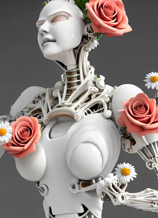 Image similar to slender biomechanical white marble statue holding perfume bottle made of corals, daisies, roses, well contoured smooth fair walls carrying perfume bottle, up close shot, sharp focus, global illumination, radiant light, alexandre ferra white mecha, irakli nadar, octane highly render, 4 k, ultra hd,