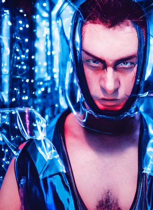 Image similar to a close-up of cyberpunk model man with black eyes and visible face wearing latex catsuit and lots of transparent and cellophane accessories, blue hour, twilight, cool, portrait, Kodachrome, ISO1200,