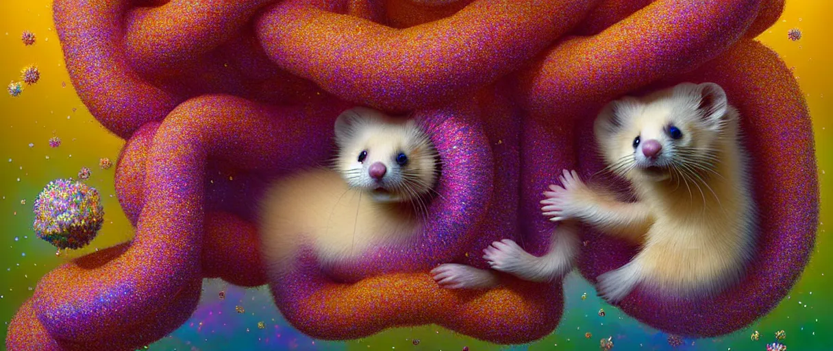 Prompt: hyper detailed 3d render like a Oil painting - kawaii portrait Aurora (playful golden haired pet Ferret) seen Eating of the Strangling network of yellowcake aerochrome and milky Fruit and Her delicate Hands hold of gossamer polyp blossoms bring iridescent fungal flowers whose spores black the foolish stars by Jacek Yerka, Mariusz Lewandowski, Houdini algorithmic generative render, Abstract brush strokes, Masterpiece, Edward Hopper and James Gilleard, Zdzislaw Beksinski, Mark Ryden, Wolfgang Lettl, hints of Yayoi Kasuma, octane render, 8k