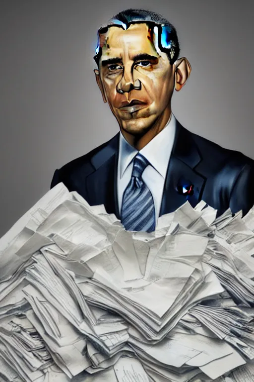 Image similar to obama nervous standing next to a mountain of papers, oil on canvas, intricate, portrait, 8 k highly professionally detailed, hdr, cgsociety