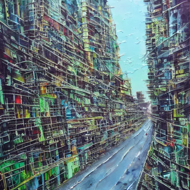 Image similar to streets of mumbai, future, mossy buildings, high fidelity, oil painting, straight lines
