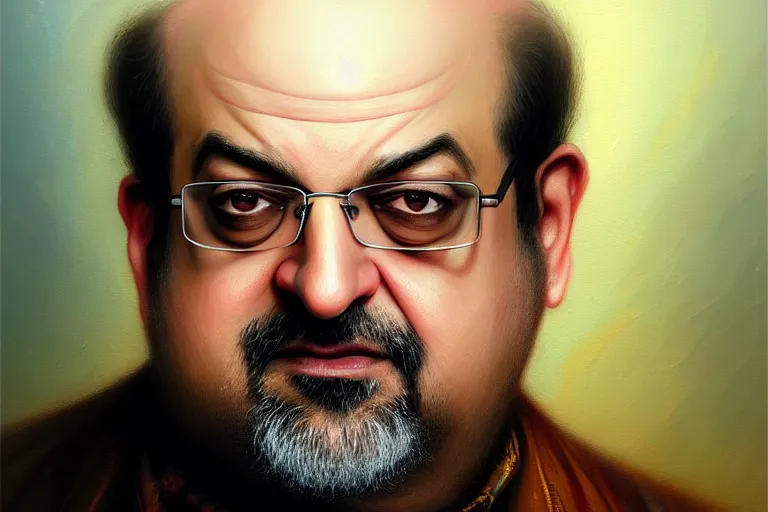 Image similar to poster portrait of salman rushdie. oil painting elegant, highly detailed, centered, digital painting, artstation, bollywood, india, concept art, smooth, sharp focus, illustration, artgerm, tomasz alen kopera, peter mohrbacher, donato giancola, joseph christian leyendecker drew struzan