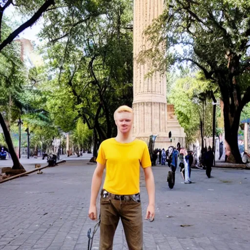 Prompt: an ukranian blonde guy taking a tour in buenos aires city, photographic