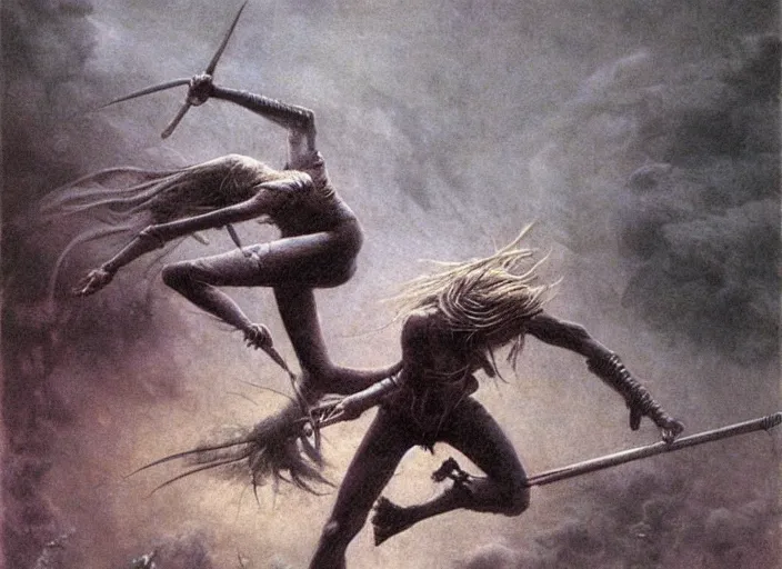 Image similar to ninja girl fighting monsters by Beksinski and Luis Royo