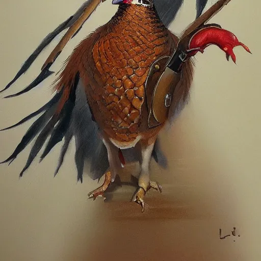 Image similar to Pheasant with sword on the belt, by lily seika jones , rivuletpaper art, very detailed, oil painting, harsh fairy tale, soft style, beautiful, high resolution, trending on artstation, steps 50