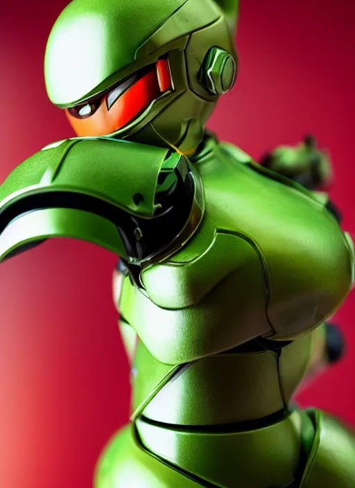 Prompt: helmet portrait of a figurine of samus aran's varia power suit from the sci - fi nintendo videogame metroid. designed by hiroji kiyotake. glossy. red round helmet, orange shoulder pads, green visor. shallow depth of field. suit of armor.