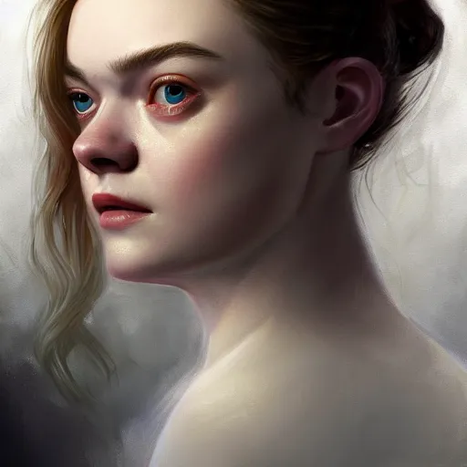 Prompt: ultra realistic medium shot head and shoulders masterpiece portrait painting of elle fanning in dishonored, cosmic horror, artstation, art by frank frazetta, 4 k, ultra realistic, highly detailed, epic lighting