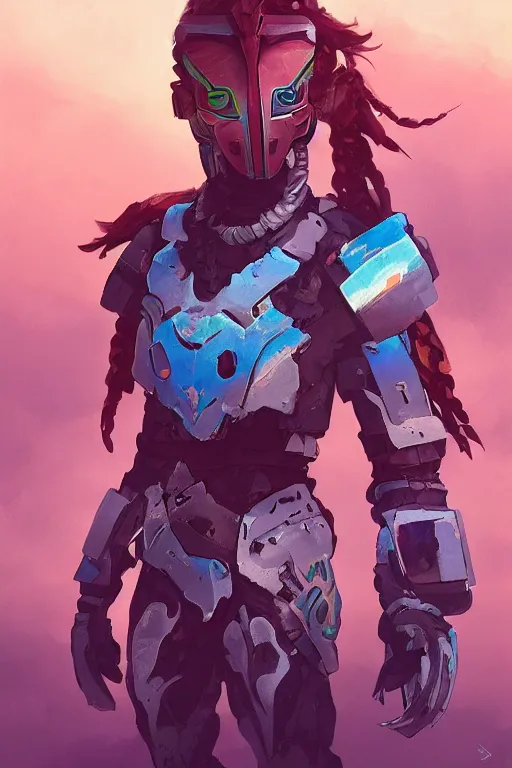 Image similar to combination suit armor aloy horizon forbidden west horizon zero dawn robot ninja mask helmet backpack tribal, art gta 5 comics, official fanart behance hd artstation by jesper ejsing, by rhads, makoto shinkai and lois van baarle, ilya kuvshinov, ossdraws radiating a glowing aura cgi rtx 2 0 2 2